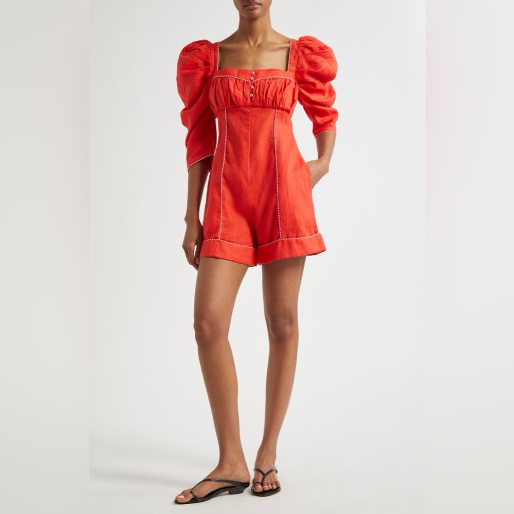 NWT FARM Rio Red Linen Puff Sleeve Shortsuit Romper